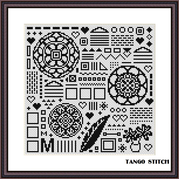 Elegant ornament black and white cross stitch pattern