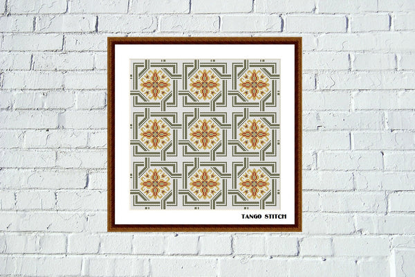 Yellow beige vintage cross stitch ornament easy embroidery design
