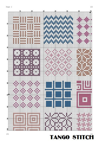 Pink beige blue ornament sampler cross stitch pattern