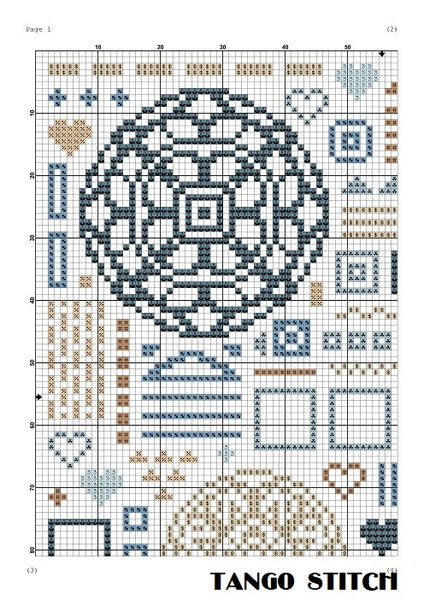 Blue beige cross stitch ornament easy pattern