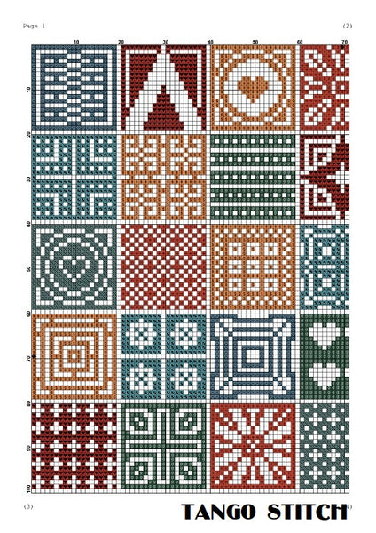 Orange blue cross stitch ornament sampler embroidery pattern