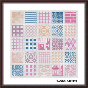 Pink beige blue ornament sampler cross stitch pattern