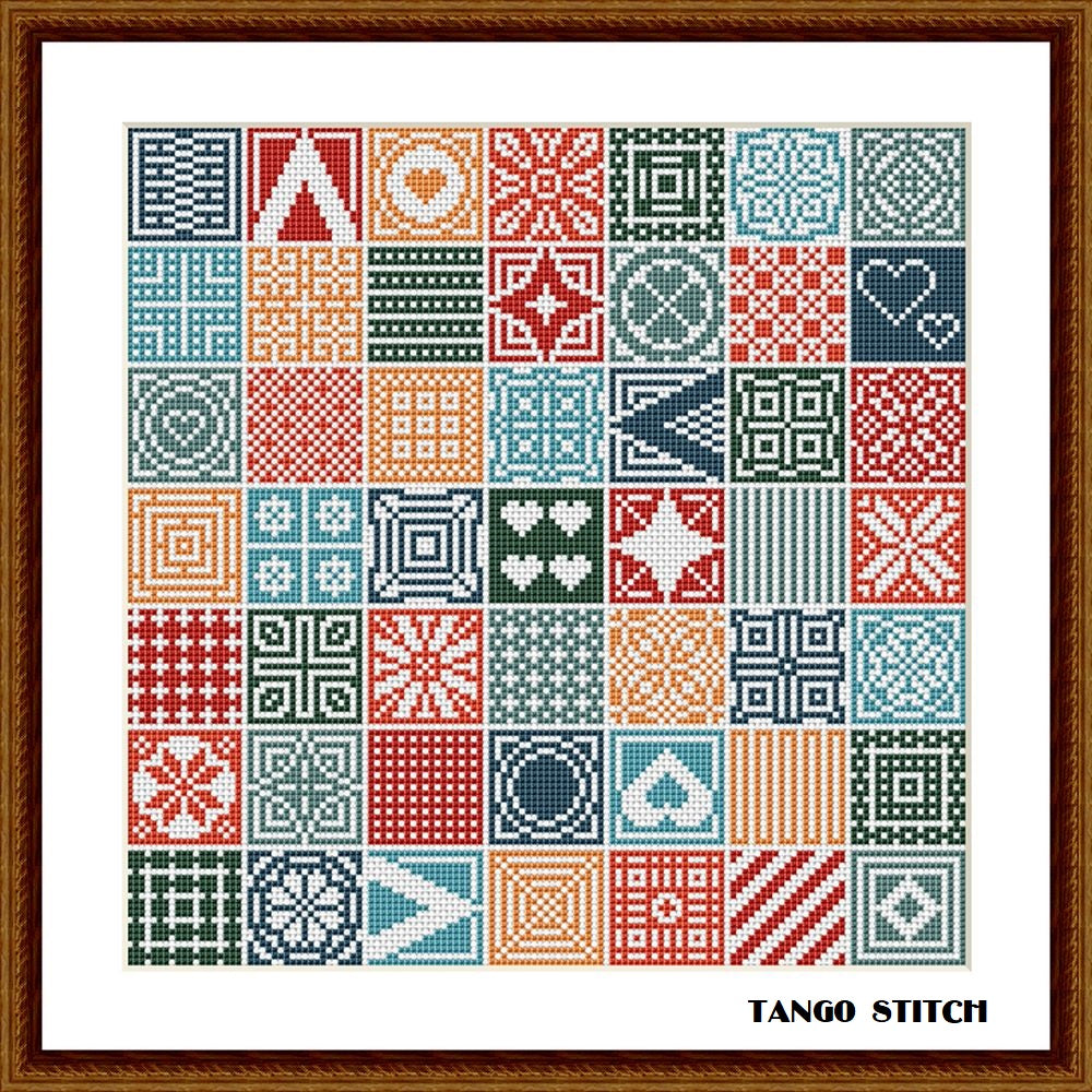Orange blue cross stitch ornament sampler embroidery pattern