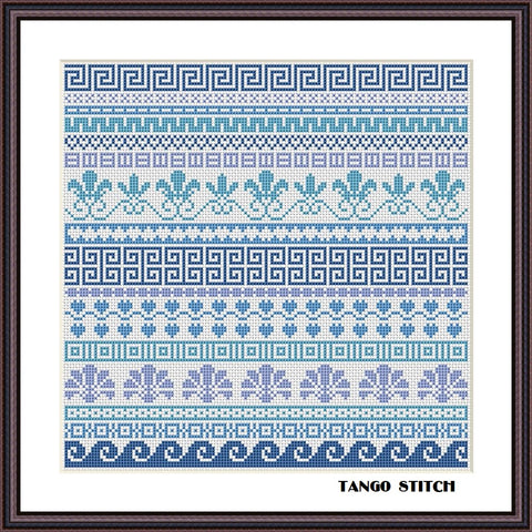 Blue Greek ornaments cross stitch embroidery pattern