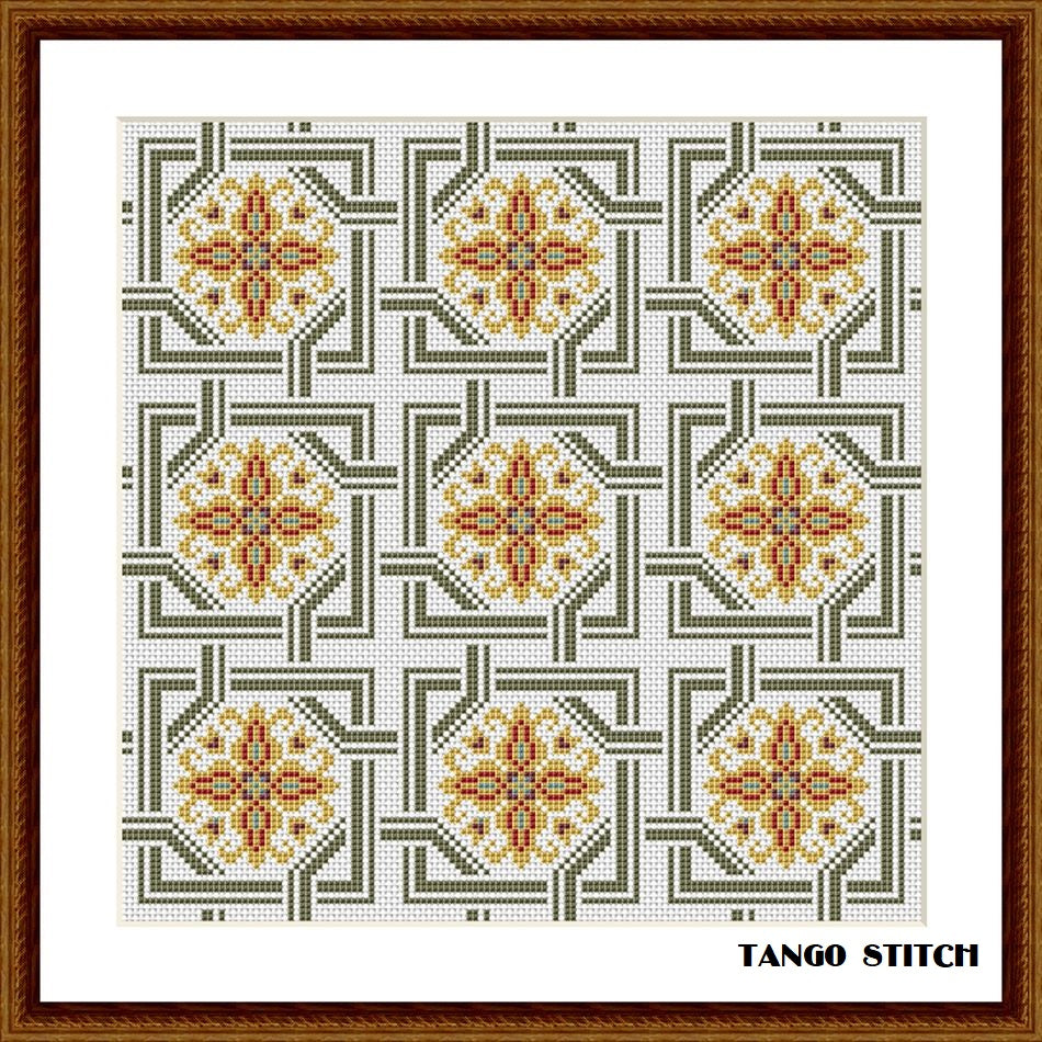 Yellow beige vintage cross stitch ornament easy embroidery design