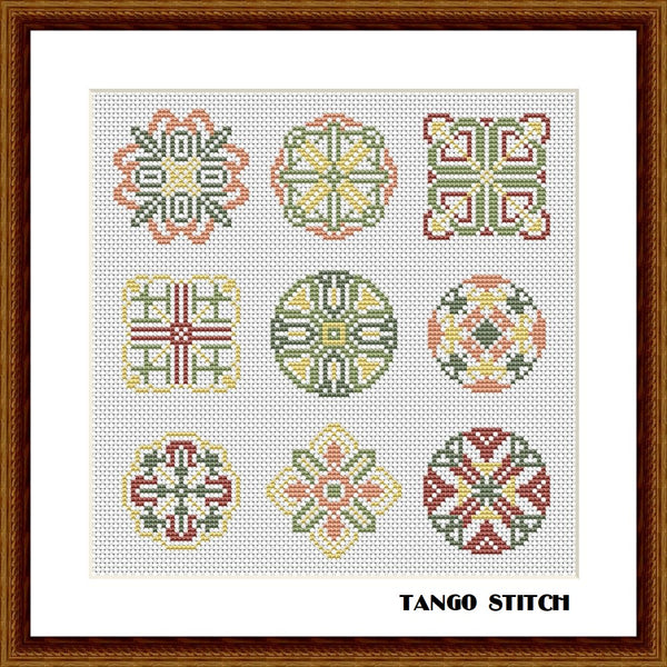 Green cross stitch ornaments sampler hand embroidery - Tango Stitch