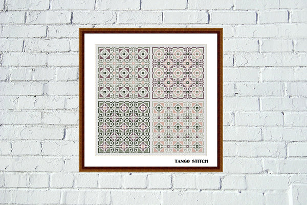 Pink beige ornament cross stitch sampler pattern