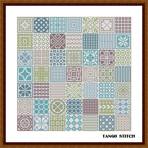 Brown green blue cute ornament cross stitch sampler design