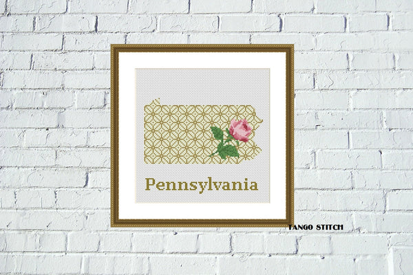 Pennsylvania state map silhouette rose ornament cross stitch pattern