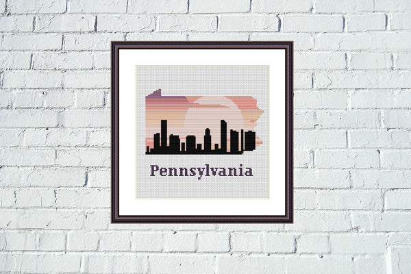 Pennsylvania state map skyline silhouette sunset cross stitch pattern