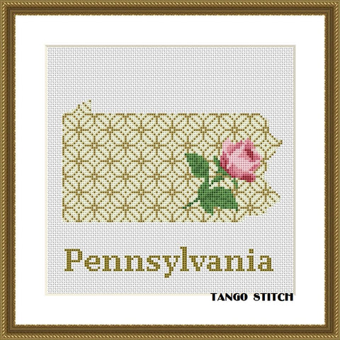 Pennsylvania state map silhouette rose ornament cross stitch pattern