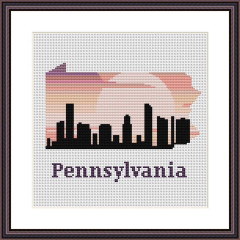 Pennsylvania state map skyline silhouette sunset cross stitch pattern