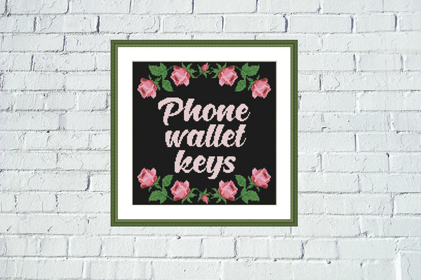 Phone wallet keys rose Home Sweet Home cross stitch pattern