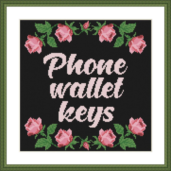 Phone wallet keys rose Home Sweet Home cross stitch pattern