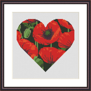 Poppy heart romantic flower abstract Valentines cross stitch pattern