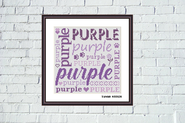Purple cross stitch words cloud hand embroidery - Tango Stitch