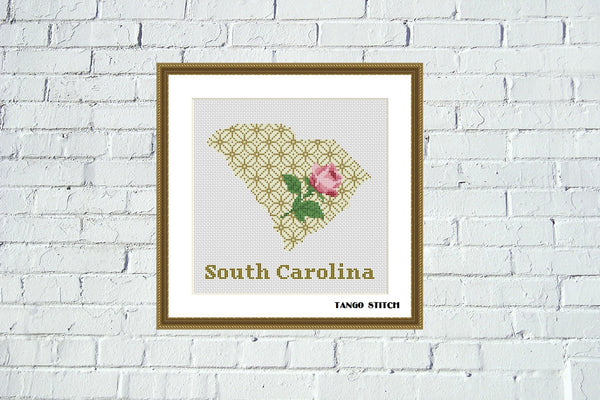 South Carolina USA state map flower ornament cross stitch pattern, Tango Stitch