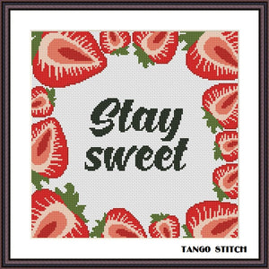 Stay sweet romantic strawberry Valentines cross stitch pattern