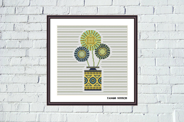 Striped abstract flower bouquet with vase cross stitch pattern - Tango Stitch