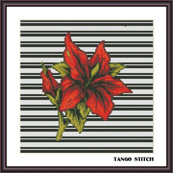 Striped red lily flower cross stitch pattern