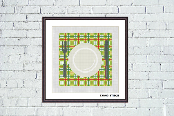 Green table mat kitchen plate cross stitch pattern - Tango Stitch