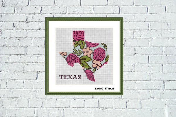 Texas floral map silhouette cross stitch pattern