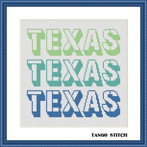 Texas state blue green typography cross stitch pattern