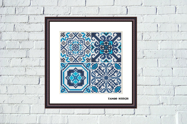 Blue ceramic tile ornaments cross stitch pattern - Tango Stitch