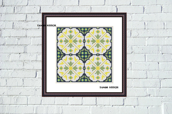 Yellow blue green ceramic tiles ornaments cross stitch pattern - Tango Stitch