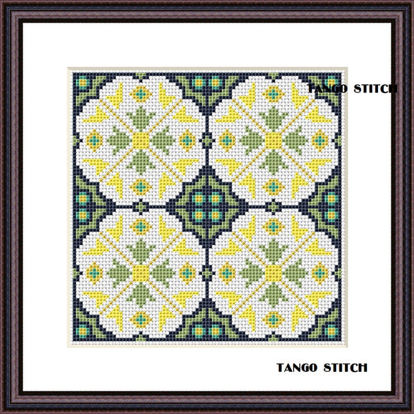 Yellow blue green ceramic tiles ornaments cross stitch pattern - Tango Stitch