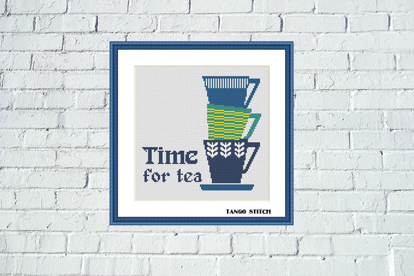 Time for tea cross stitch pattern Tea cups set kitchen embroidery design - Tango Stitch