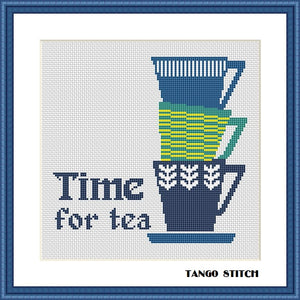 Time for tea blue cups kitchen cross stitch pattern