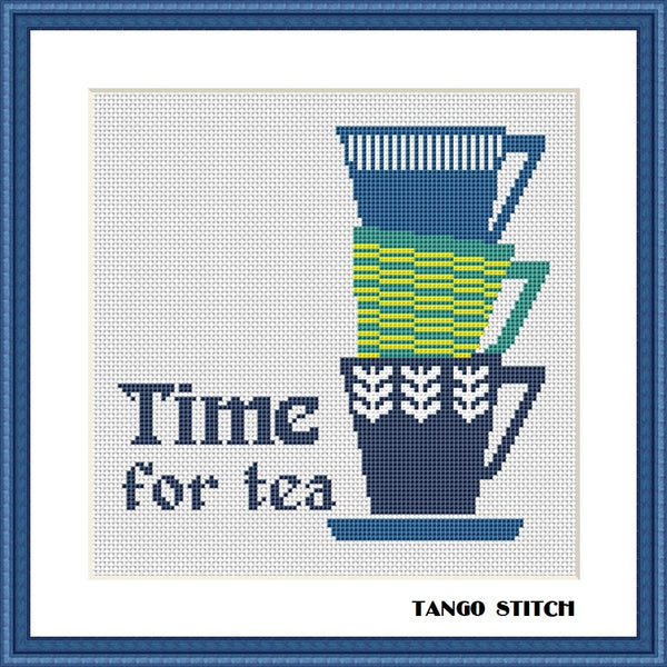 Time for tea blue cups kitchen cross stitch pattern