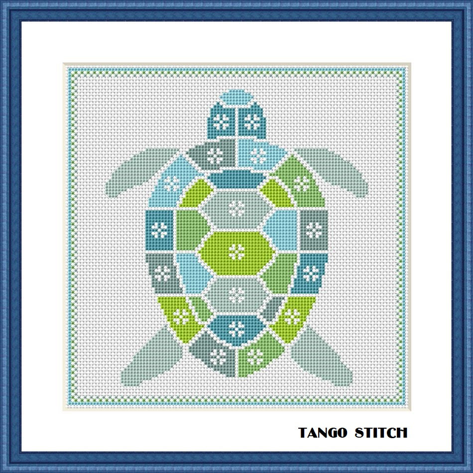 Blue turtle cute animals easy cross stitch embroidery pattern