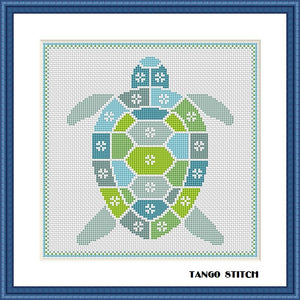 Blue turtle cute animals easy cross stitch embroidery pattern