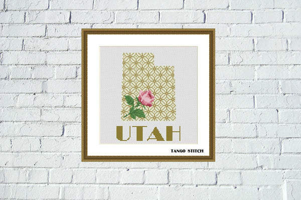 Utah USA state map flower ornament cross stitch pattern, Tango Stitch