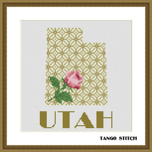 Utah USA state map flower ornament cross stitch pattern, Tango Stitch