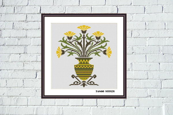 Yellow Art Nouveau flowers vintage cross stitch design