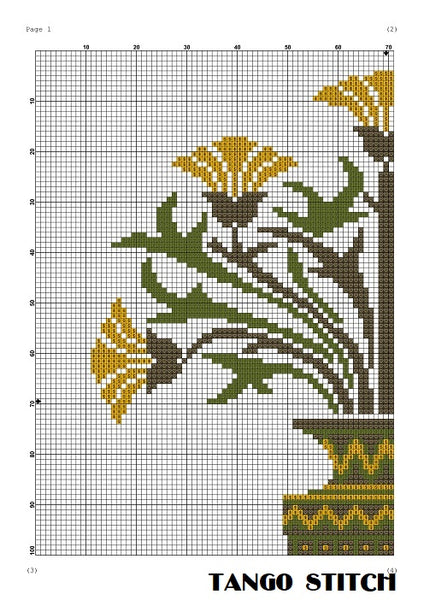 Yellow Art Nouveau flowers vintage cross stitch design