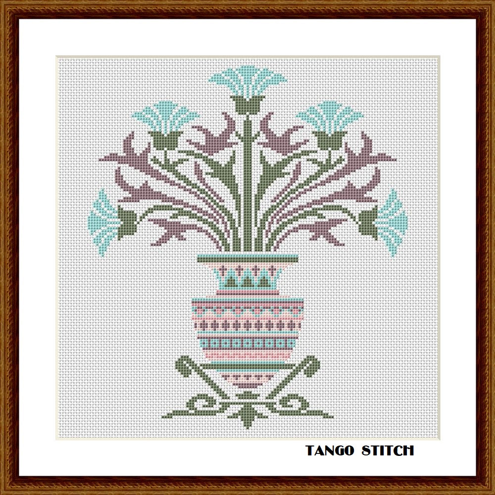 Pink ancient vase with blue flowers cross stitch pattern - Tango Stitch