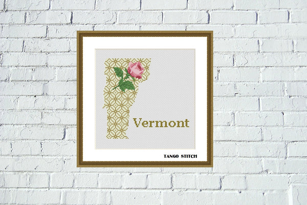 Vermont USA state map flower ornament cross stitch pattern, Tango Stitch