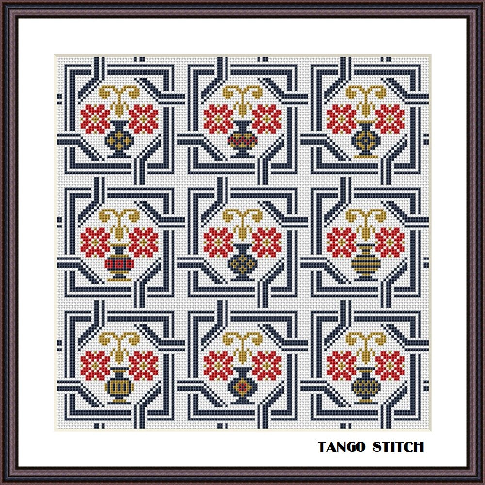Vintage flower vase cross stitch ornament embroidery - Tango Stitch