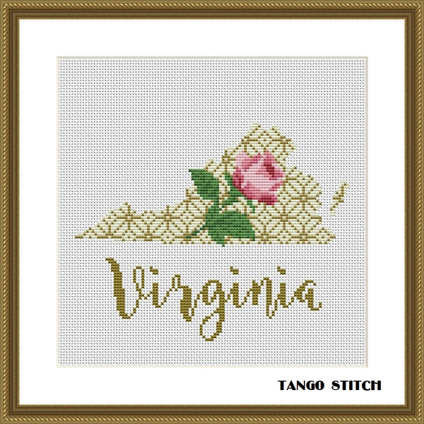 Virginia USA state map flower ornament cross stitch pattern