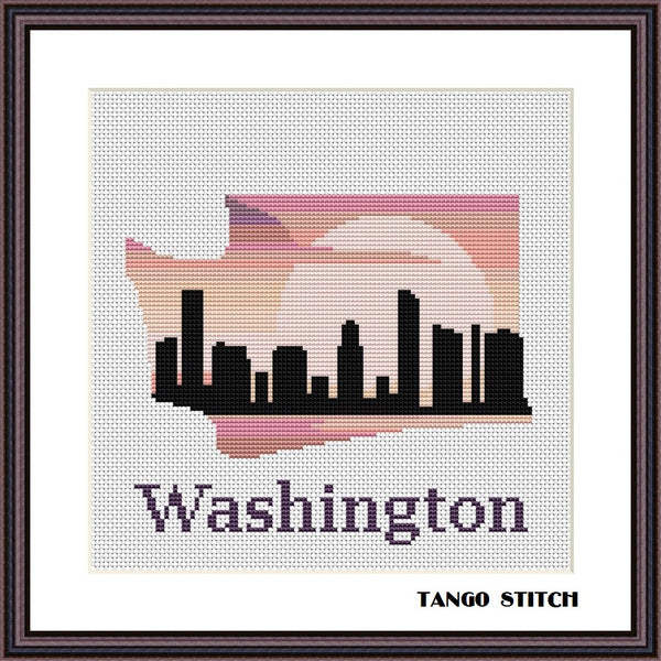 Washington USA state map skyline sunset cross stitch pattern