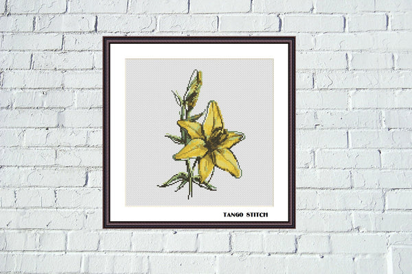 Lily cross stitch design yellow watercolor flower