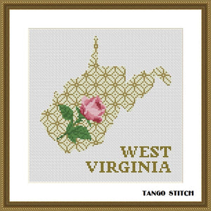 West Virginia USA state map rose ornament cross stitch pattern