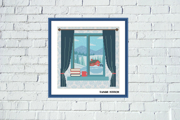 Winter window mountain landscape cross stitch pattern