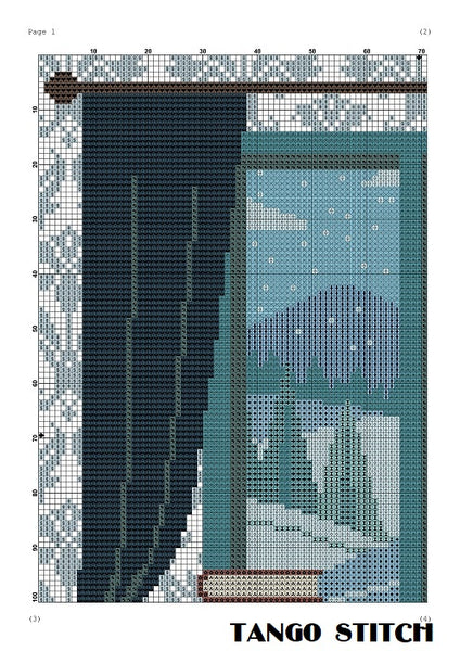 Winter window mountain landscape cross stitch pattern