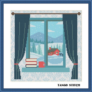 Winter window mountain landscape cross stitch pattern