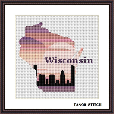 Wisconsin USA state map skyline sunset cross stitch pattern